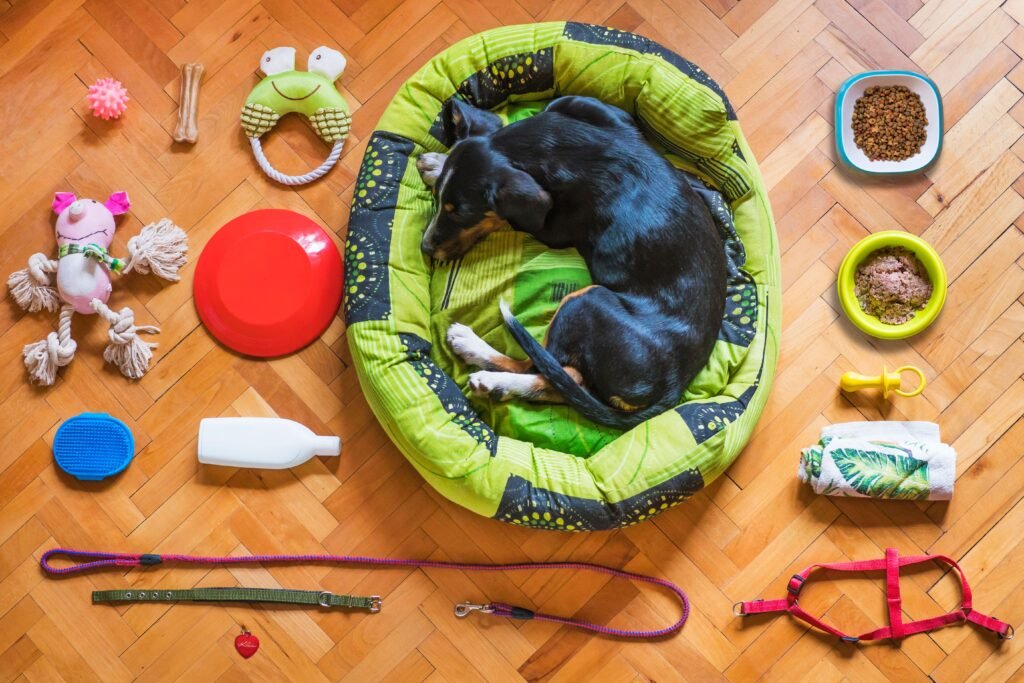Dog resting in a bed on a hardwood floor