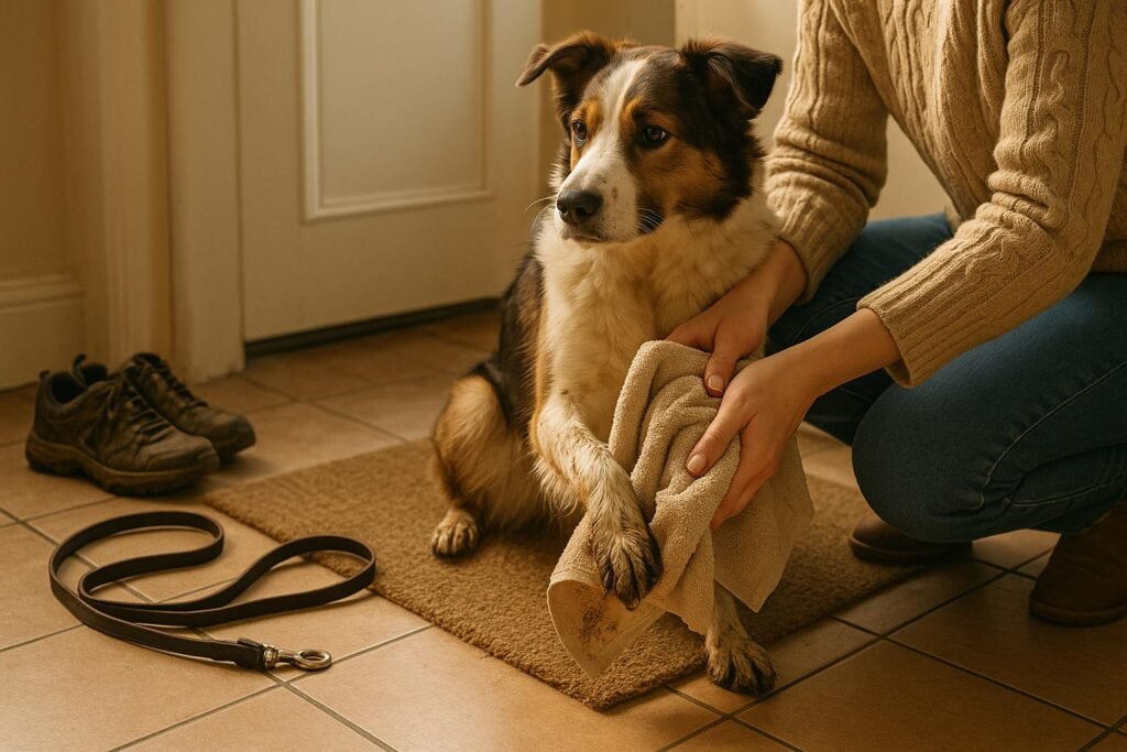 Wiping and drying a dog's paws after a muddy walk